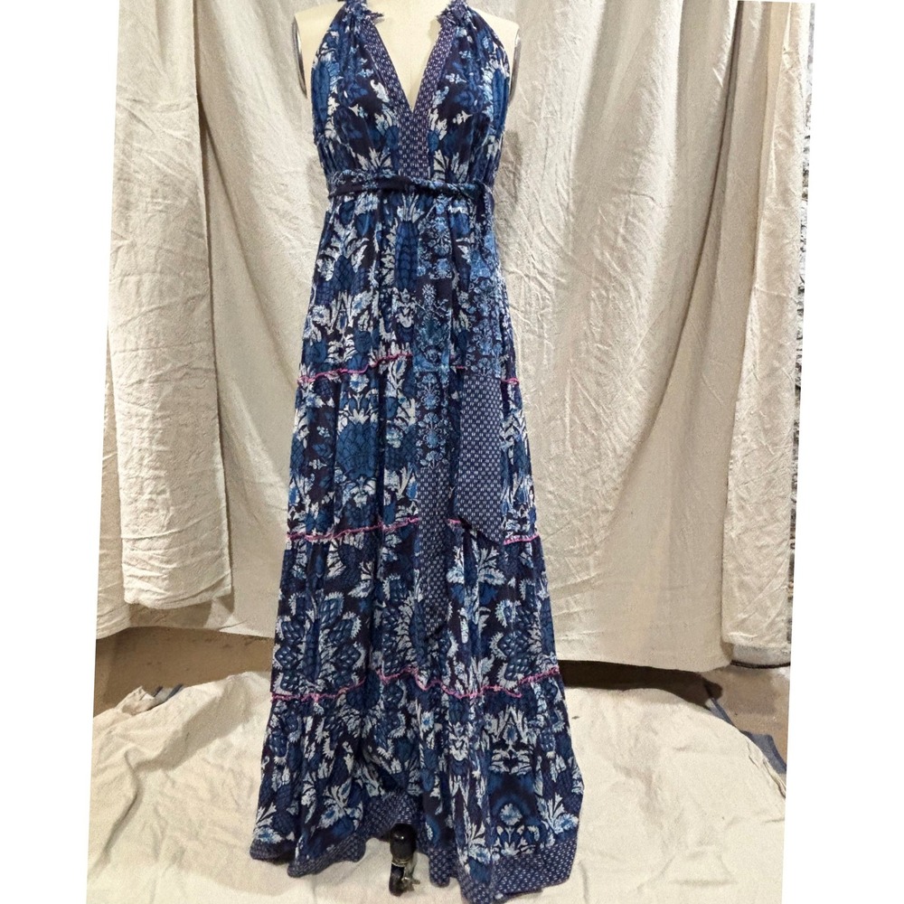 Lola Australia Blue Floral Cotton Halter Maxi Dress Tiered Boho Resort V-Neck S